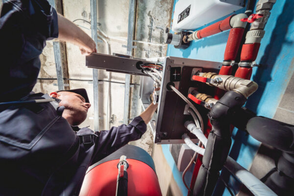 Air conditioning technician is checking air conditioner.