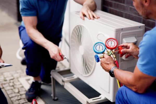 Experienced HVAC technician inspecting commercial building for air conditioner installation and maintenance with safety gear and checklist. Professional HVAC technicians working.