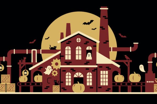 Illustration of ghosts haunting a manufacturing plant. Symbolizes the scariness of HVAC failure.