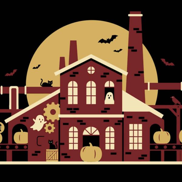 Illustration of ghosts haunting a manufacturing plant. Symbolizes the scariness of HVAC failure.